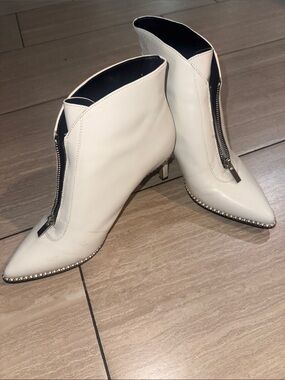 BCBG Women's White Pointed Toe Zip Booties with Stud Trim